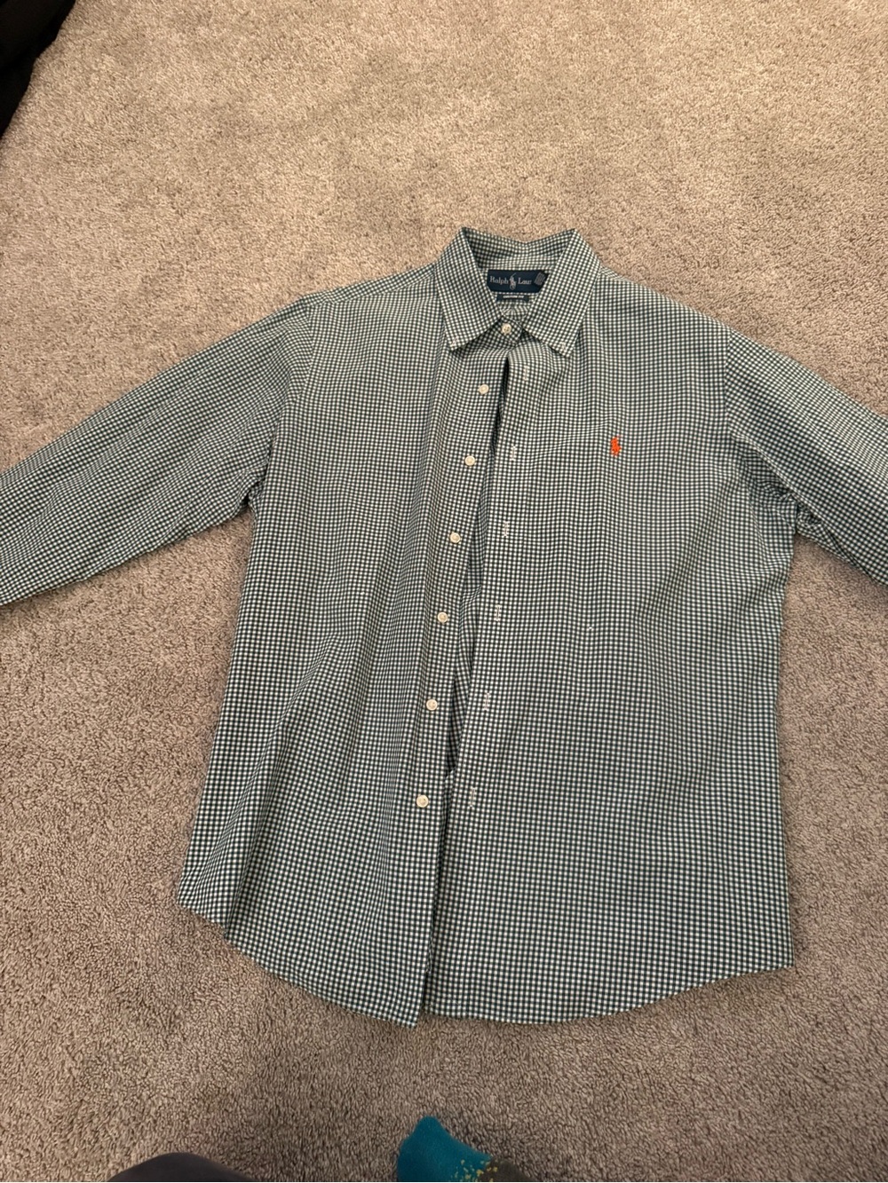 Ralph Lauren Green Gingham Button-Down Shirt with Orange Pony